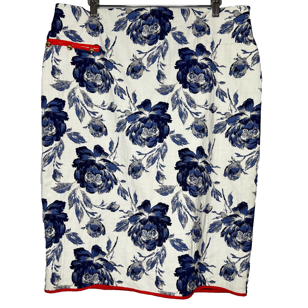 Eva Mendes Jacquard Pencil Skirt Sz 16 Midi Floral Stretch Blue Zip Slit Rosette